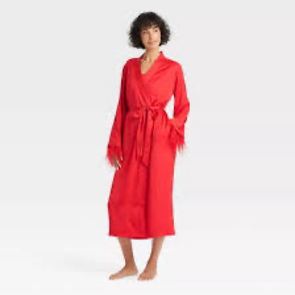 Auden Satin Red Women's Robe with Feather Sleeves, size Small - Picture 1 of 7